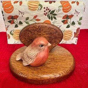 Vintage JerEd Fine‎ Wood Products Bird Napkin Holder Ceramic Bird Accent